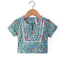 Babyhug  100% Cotton Woven Half Sleeves Floral Printed Choli Lahenga Set with Dupatta - Blue