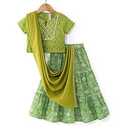 Babyhug Cotton Woven Half Sleeves Choli & Lehenga Set with Dupatta Floral Printed - Green
