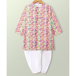 Babyhug 100% Cotton Woven Full Sleeve Abstract Print Kurta & Dhoti Set - Multicolour