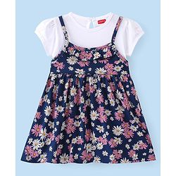 Babyhug 100% Cotton Single Jersey Knit Half Sleeves Frock Floral Print - Navy Blue