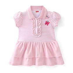 Babyhug Half Sleeves Cotton Knit Striped Layered Frock Butterfly Embroidery - Pink