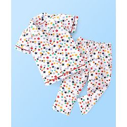 Babyhug Poplin Cotton Woven  Half Sleeves Night Suit Star Print - White