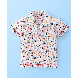 Babyhug Poplin Cotton Woven  Half Sleeves Night Suit Star Print - White