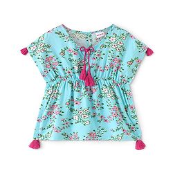 Babyhug 100% Woven Half Sleeves Kaftan Top with Floral Print & Tassel Detailing - Blue