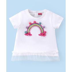 Babyhug 100% Cotton Knit Half Sleeves T-Shirt with Mesh & Rainbow Embroidery - White