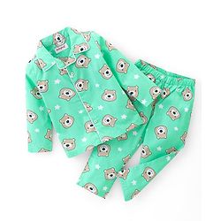 Babyhug Cotton Poplin Woven Full Sleeves Night Suit Bear Print - Green