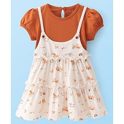 Babyhug Single Jersey Knit Half Sleeves  Frock with Animal Print - White & Brown
