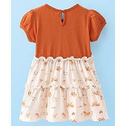 Babyhug Single Jersey Knit Half Sleeves  Frock with Animal Print - White & Brown