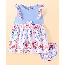 Babyhug Single Jersey Knit Half Sleeves Frill Detailing Floral Printed  Frock with Bloomer - Light Blue