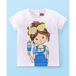 Babyhug Cotton Knit Half Sleeves T-Shirt with Graphics & Glitter Detailing - White