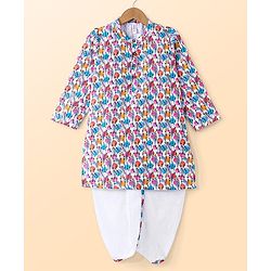 Babyhug 100% Cotton Knit Full Sleeve Kurta & Dhoti Set With Ikat Print - White & Pink