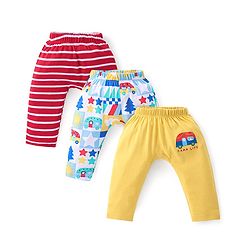 Babyhug Cotton Interlock  Knit Full Length Diaper Pants Stripes & Car Print Pack of 3 - Red Yellow & Blue