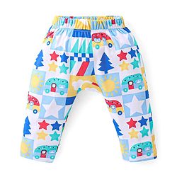 Babyhug Cotton Interlock  Knit Full Length Diaper Pants Stripes & Car Print Pack of 3 - Red Yellow & Blue