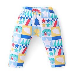Babyhug Cotton Interlock  Knit Full Length Diaper Pants Stripes & Car Print Pack of 3 - Red Yellow & Blue