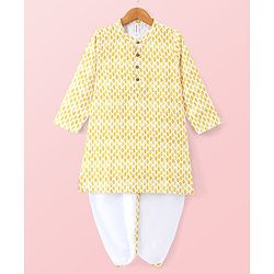Babyhug 100% Cotton Knit Full Sleeve Kurta & Dhoti Set With Ikat Print - White & Yellow