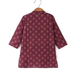 Babyhug 100% Cotton Knit Full Sleeve Kurta & Dhoti Set With Ikat Print - White & Maroon