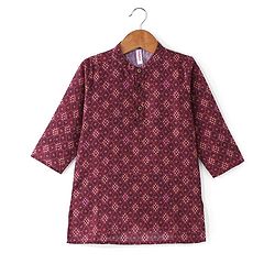 Babyhug 100% Cotton Knit Full Sleeve Kurta & Dhoti Set With Ikat Print - White & Maroon