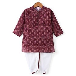 Babyhug 100% Cotton Knit Full Sleeve Kurta & Dhoti Set With Ikat Print - White & Maroon