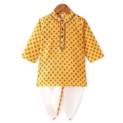 Babyhug 100% Cotton Knit Full Sleeve Kurta & Dhoti Set With Floral Print - White & Yellow