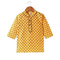 Babyhug 100% Cotton Knit Full Sleeve Kurta & Dhoti Set With Floral Print - White & Yellow