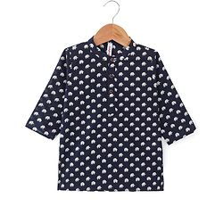 Babyhug 100% Cotton Knit Full Sleeve Kurta & Dhoti Set With Elephant Print - White & Navy Blue
