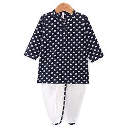Babyhug 100% Cotton Knit Full Sleeve Kurta & Dhoti Set With Elephant Print - White & Navy Blue