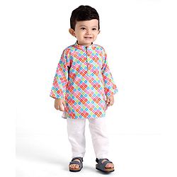 Babyhug Cotton Woven Full Sleeves Square Printed Kurta Pyjama Set -Multicolour