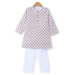 Babyhug 100% Cotton Full Sleeves Kurta & Pyjama Set With Ikat Print - White