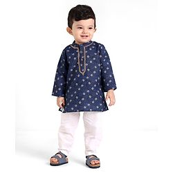 Babyhug 100%  Cotton Woven Full Sleeves Floral Printed Kurta Pyjama Set- Blue