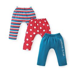 Babyhug Cotton Full Length Diaper Pant Stipes & Numbers Print Pack of 3 - Blue & Red