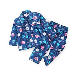 Babyhug Cotton Poplin Woven Full Sleeves Night Suit Kitty Print - Blue