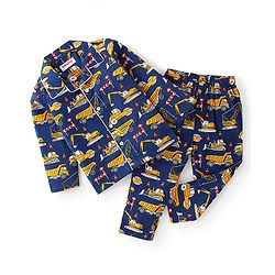 Babhyhug Cotton Woven Full Sleeves Night Suit Construction Vehicle Print - Blue