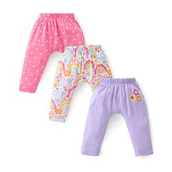 Babyhug Interlock Cotton Knit Full Length Diaper Leggings Solid Dot Floral Print Pack Of 3- Pink Purple & White