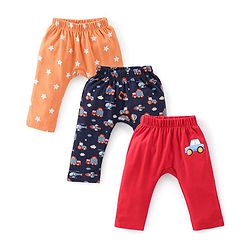 Babyhug Cotton Knit Full Length Diaper Pants Car Print Pack of 3 -Multicolour