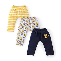 Babyhug Interlock Full Length Diaper Pants Tiger Printed & Striped Pack of 3 - Yellow & Blue