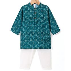 Babyhug 100% Cotton Woven Full Sleeves Polka Dot  Printed Kurta Pyjama Set - Teal Blue
