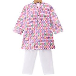 Babyhug Cotton Woven Full Sleeves Kurta & Pyjama Set With Ikat Print - Pink & Purple
