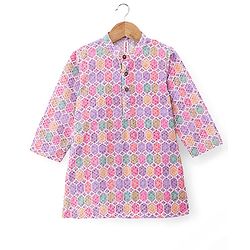 Babyhug Cotton Woven Full Sleeves Kurta & Pyjama Set With Ikat Print - Pink & Purple