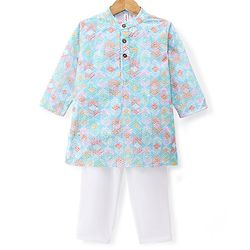 Babyhug Cotton Woven Full Sleeves Kurta & Pyjama Set With Ikat Print & Embroidery - Blue & White