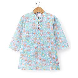 Babyhug Cotton Woven Full Sleeves Kurta & Pyjama Set With Ikat Print & Embroidery - Blue & White