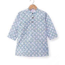 Babyhug 100% Cotton Full Sleeves Kurta & Pyjama Set With Ikat Print & Embroidery - Blue & White