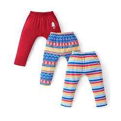 Babyhug Cotton Full Length Diaper Leggings Striped & Intarsia Print Pack of 3 - Blue & Red