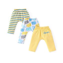 Babyhug Interlock Knit Full Length Diaper Pants Stripes & Elephant Print Pack of 3 - Yellow & Blue
