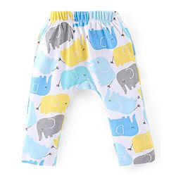 Babyhug Interlock Knit Full Length Diaper Pants Stripes & Elephant Print Pack of 3 - Yellow & Blue