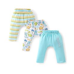 Babyhug Interlock Cotton Knit Full Length Diaper Pants Stripes & Dino Print Pack of 3 - Multicolor