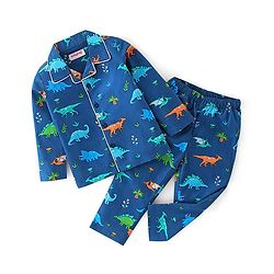 Babyhug Cotton Woven Full Sleeves Night Suit With Dino Print - Blue