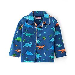 Babyhug Cotton Woven Full Sleeves Night Suit With Dino Print - Blue