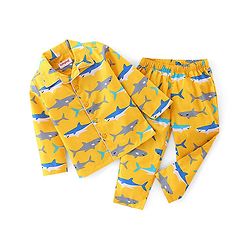 Babyhug Cotton Woven Full Sleeves Night Suit With Sharks Print - Yellow