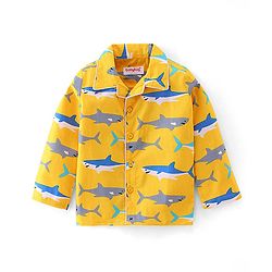 Babyhug Cotton Woven Full Sleeves Night Suit With Sharks Print - Yellow