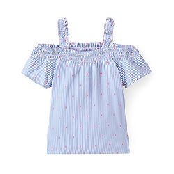 Babyhug Cotton Woven Yarn Dyed Dobby Off Shoulder Sleeve Striped Singlet Top - Blue